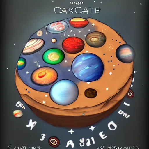 Image similar to A cake with all planets on it, behance, artstation