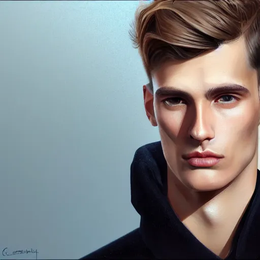 Image similar to tall man in his twenties with brown blond short quiff hair and thin slightly round facial structure with cleft chin, straight eyebrows and prominent nose, good definition of cheekbones, big hazel nut brown eyes, narrow face, slim body, atmospheric lighting, painted, intricate, 4 k, highly detailed by charlie bowater