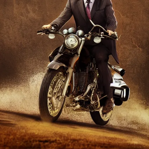 Image similar to A photo of Saul Goodman riding a motorcycle, highly detailed, 4k