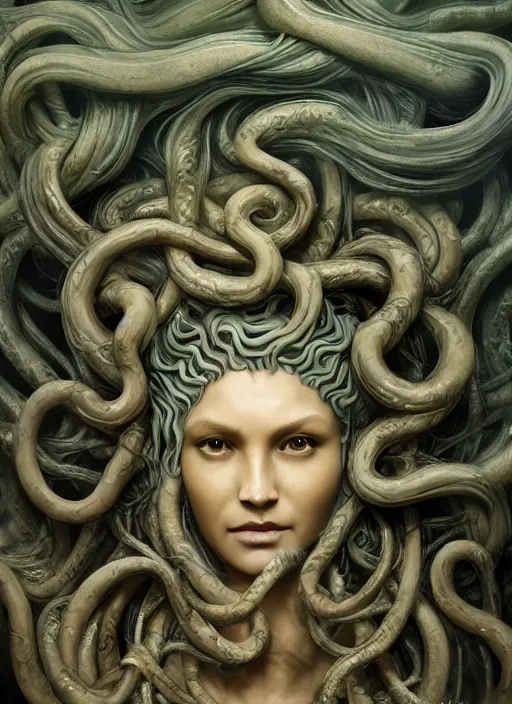 Image similar to medusa made of wax, wooden art nouveau swirls, strong subsurface scattering, cables, tubes, subsurface scattering, in the style of ruan jia and tomasz alen kopera and giger, subsurface scattering, mystical colors, rim light, dramatic lighting, 8 k, stunning scene, raytracing, octane render, trending on artstation