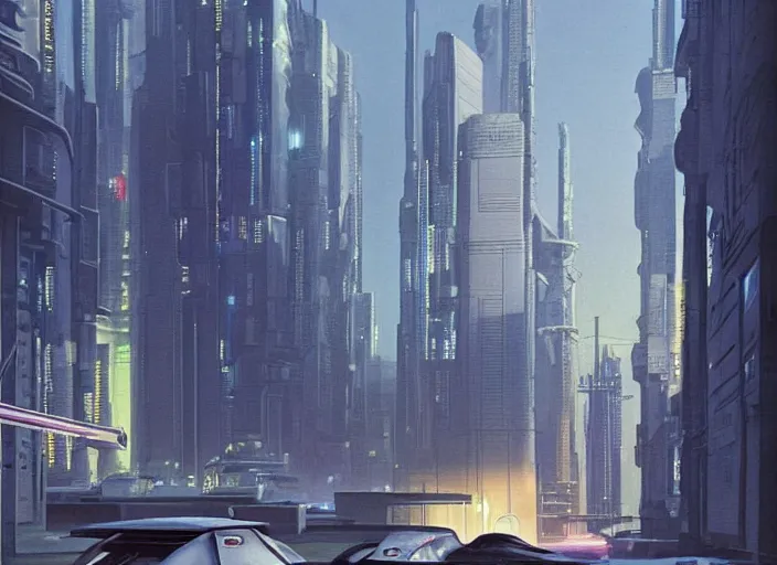 Image similar to a car driving down a street next to tall buildings the night at 8:00 am, cyberpunk art by Chesley Bonestell, cgsociety, retrofuturism, matte painting, reimagined by industrial light and magic