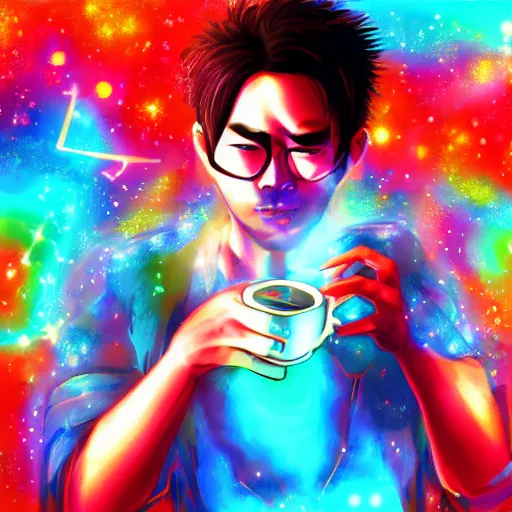 Image similar to A man drinking a cup of cosmic energy bright light by Masafumi Harada, 4k, digital art, surreal, anime style, Park Sung-woo Red Ice style