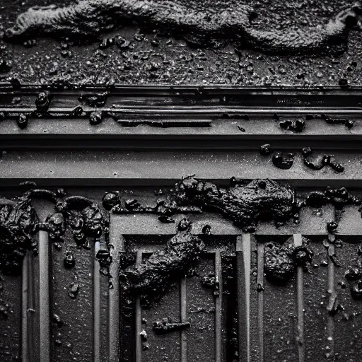 Image similar to mysterious black slime, black gooey liquid covering city buildings, buildings covered in black liquid rubber, apocalyptic, ruined, 8 5 mm f / 1. 4