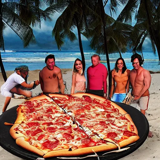 Image similar to “ a giant pile of pizza on the beach. contestants on the tv show survivor next to it excited. 8 k photo ”