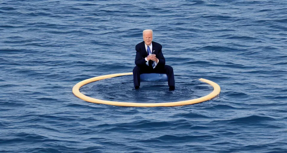 Image similar to joe biden sitting on a floating ring in the ocean