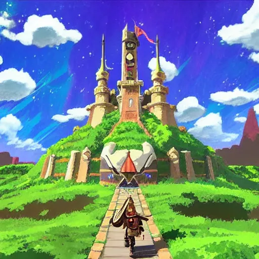 Prompt: breath of the wild style Hyrule castle in studio ghibli theme