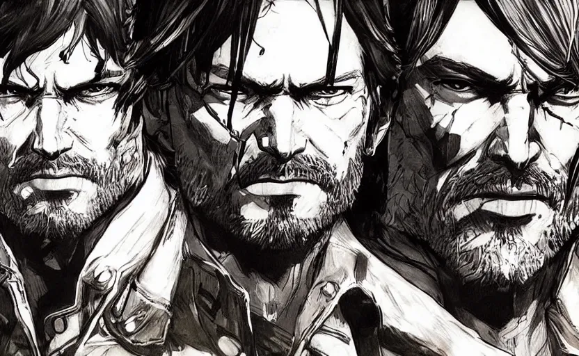 Prompt: yoji shinkawa drawing of arthur morgan,