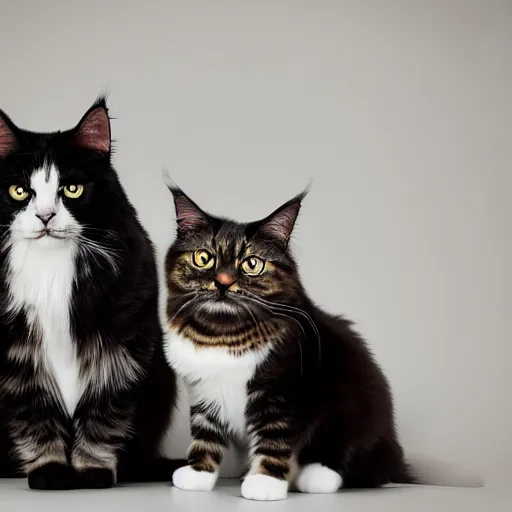 Prompt: very cute huge calico main coon plays with black-white shorthair domestic cat in office, portrait, pixar style, cinematic lighting, award winning creature portrait photography