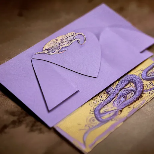 Prompt: close - up lilac envelope closed with wax seal with octopus crest, intricate hyper detailed ultra sharp, sharp focus, global illumination, painting, museum, masterpiece, vermeer, radiant light, alexandre ferra, irakli nadar, octane render, unreal engine, 4 k, ultra hd,