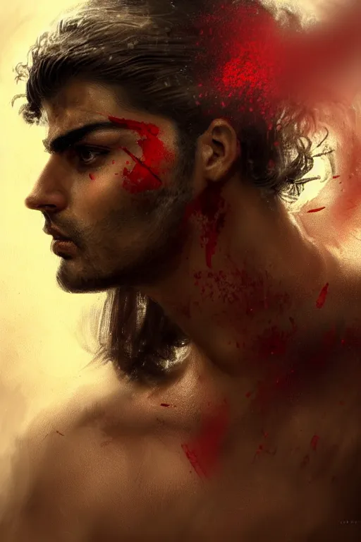 Image similar to portrait of a Persian Prince fighting at war, warrior, brutal battle, handsome prince, shaved face, without beard, attractive young man, shaved face, heroic pose, dramatic lighting, dark and horror, action and tragedy, dust and blood, intricate, wild, highly detailed, digital painting, artstation, concept art, smooth, sharp focus, illustration, art by artgerm and greg rutkowski and alphonse mucha, footage from space camera