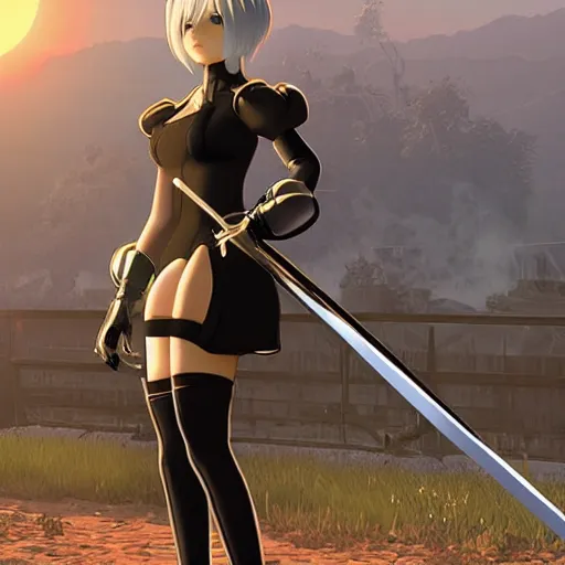 Image similar to 2B from NieR Automata looking at a sundown