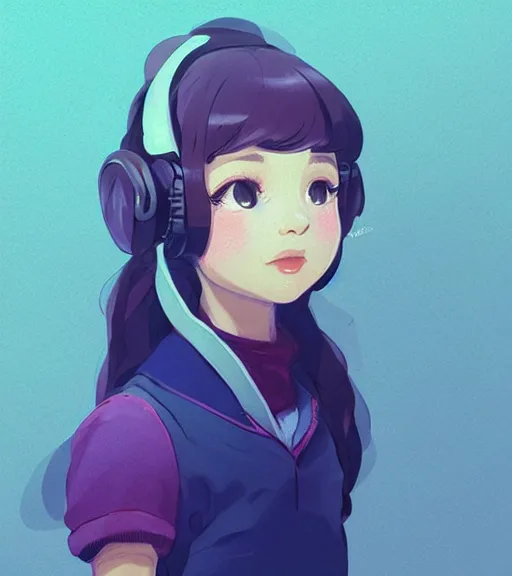 Image similar to beautiful little girl character inspired by 9 0's fashion and by madeline from celeste, art by rossdraws, wlop, ilya kuvshinov, artgem lau, sakimichan and makoto shinkai, concept art, headphones, anatomically correct, very coherent, realistic