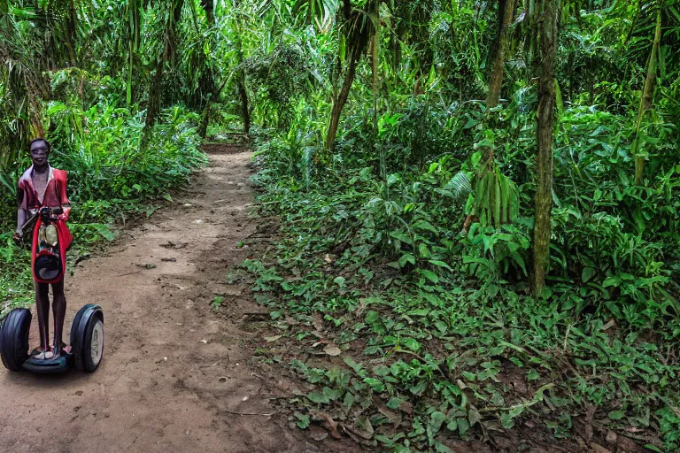 Image similar to a colonial closeup photograph of a Segway in a village at the river bank of Congo , Thick jungle, scary, evil looking, wide angle shot