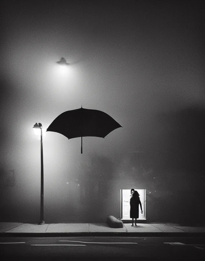 Image similar to “ quiet american neighborhood at night, a woman waiting with a black umbrella, photography in the style of gregory crewdson, mist, rule of thirds ”