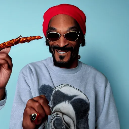 Image similar to Snoop Dog with big eyes eye color red , smiling and holding a joint in his hand