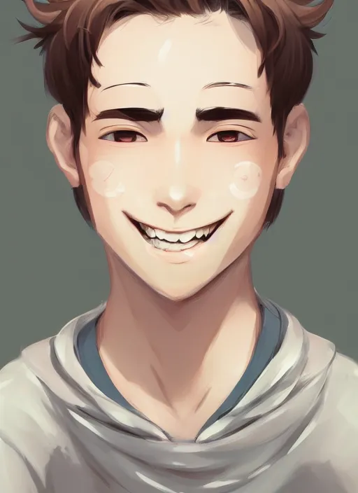Prompt: white young man with a wide smile, prominent big eyes, round cute lips, round portruding chin, wise forehead, background is covered with brown flowers, sharp, highly detailed, simple lines, digital painting, artstation, concept art, matte, sharp focus, illustration, anime moe artstyle