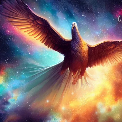 Prompt: a giant eagle constellation flying through a nebula by WLOP and tony sart, fantasy art, 4k, HDR, photorealistic, 8k, trending on artstation