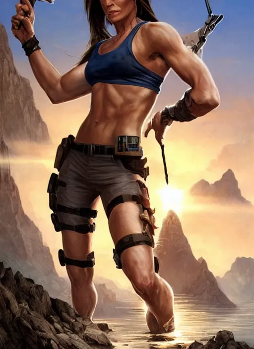 Image similar to muscled Sandra Bullock as Lara Croft as a ruggedly handsome heroine looking directly into the camera, jumping off a glowing artifact lodged in shallow blue glowing water, intricate, elegant, highly detailed, artstation, concept art, smooth, sharp focus, illustration, bokeh art by artgerm and donato giancola and Joseph Christian Leyendecker, WLOP, fireflies, distant snowstorm and thunder