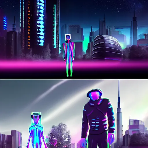 Image similar to futuristic citizens and vehicles, on the Moon, long shadows, holographic trees in a Russian high-rise community cyberpunk city called Neo Kudrovo, pitch black sky with stunning bright stars, bright sun, high contrast, lively, freaky, black sky full of stars, LEDs, holograms, blinding bright sun, sci-fi, cyberpunk outfits, photorealistic, grainy, 35mm, intricate, very very beautiful, elegant, smooth, cinematic, Unreal Engine 5, by Beeple