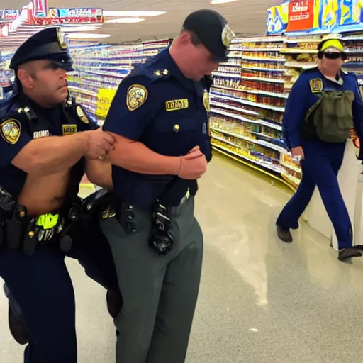 Prompt: Captain Falcon being arrested at Wal-mart, high quality, phone photography