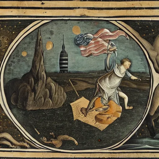 Image similar to 1500s interpretation of the moon landing,