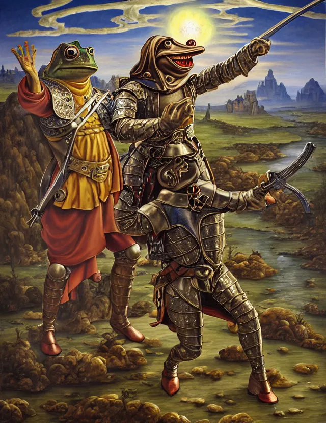 Image similar to anthropomorphic bipedal frog that is dressed as a medieval fighter, and dual wielding revolver pistols, as a baroque oil painting and d & d character art, by alex grey, standing, fullbody, floating bubbles, enlightenment, mystic, concept art, award - winning, extremely detailed, sharp focus