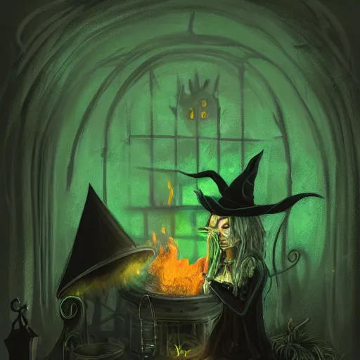 Prompt: close shot of a witch brewing in her lair, depressing, gloomy, tired, detailed, witch hat, dungeon, green smoke, fire, smoke, realism, realistic, hyper detailed, green lighting, ambient lighting, smoke, haze, bokeh, acrylic, digital painting,