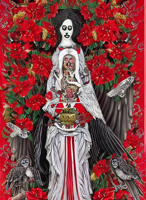 Image similar to masterpiece of Santa muerte with a book in her hand, her owl on her shoulder, and all around there are red and white flowers, guns and ammunitions offered by devotees + no crop, digital visionary art, extremely high detail, post processed,