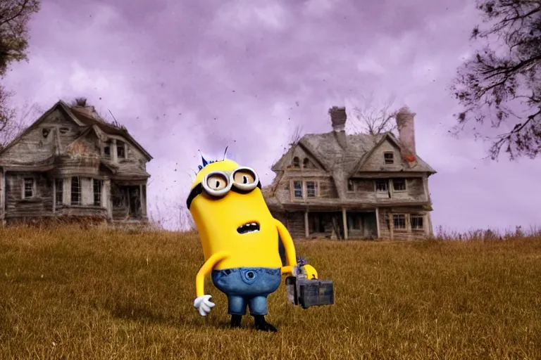 Image similar to a still gru shooting minions, horror movie, scary, horror, blood, lonely abandoned house, motion blur