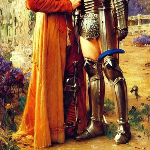 Image similar to attractive fully clothed arthur pendragon confesses his love for his attractive fully clothed male knight. highly detailed painting by gaston bussiere and j. c. leyendecker 8 k