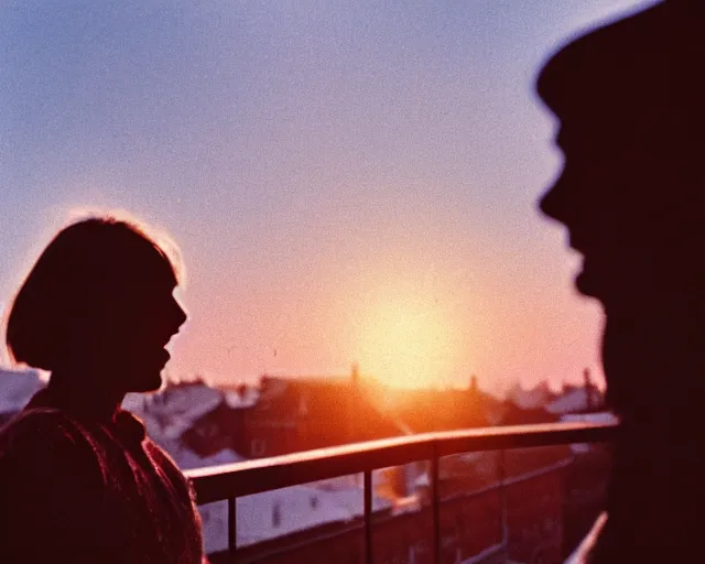 Image similar to lomo photo of pair standing on small hrushevka balcony full with cigarette smoke in small russian town looking at sunset, cinestill, bokeh