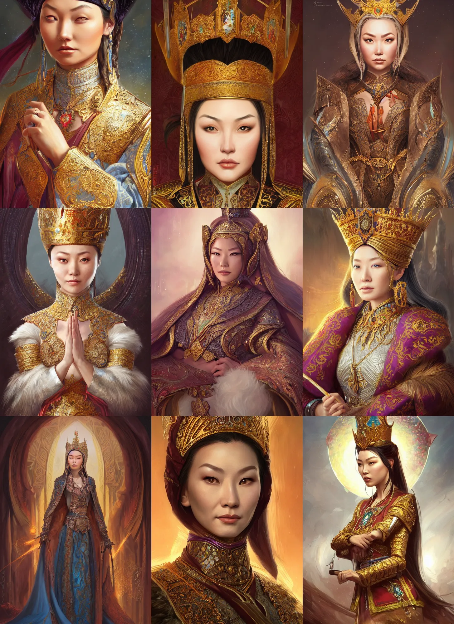 Prompt: kazakh empress, samal yeslyamova, d & d, fantasy, portrait, highly detailed, digital painting, trending on artstation, concept art, sharp focus, illustration, art by artgerm and greg rutkowski and magali villeneuve