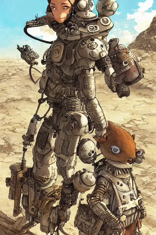 Image similar to anthropomorphic rodent with white and black ancestral ornate japanese tactical gear on an abandonment desert planet, high intricate details, long shot, rule of thirds, golden ratio, graphic novel by fiona staples and dustin nguyen, by beaststars and orange, peter elson, alan bean, studio ghibli, makoto shinkai