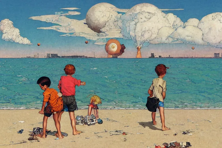 Prompt: children playing at empty beach, huge atomic explosion in the background, wide angle shot, oil on canvas by norman rockwell, by mattias adolfsson, by moebius and satoshi kon, hd, 4 k, high quality,