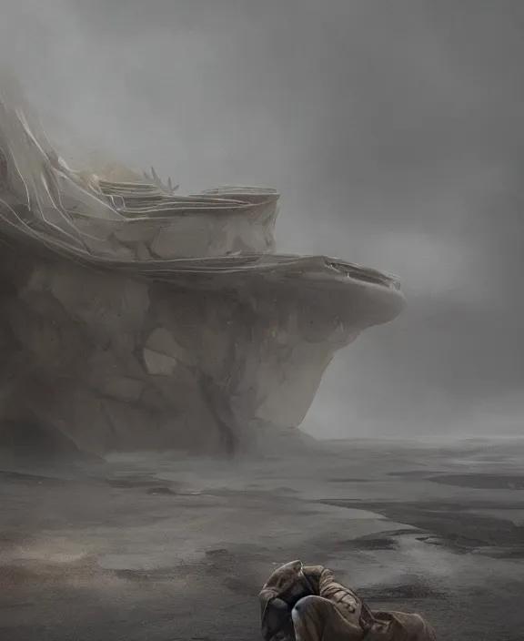 Image similar to surreal romantic prometheus horizontal white exploration base, ochre ancient palette, building architecture by ruan jia, futuristic, blame, white architecture in the beach in iceland, foggy, highly detailed, digital painting, arstation, concept art, hyperealistic octane render, unreal engine