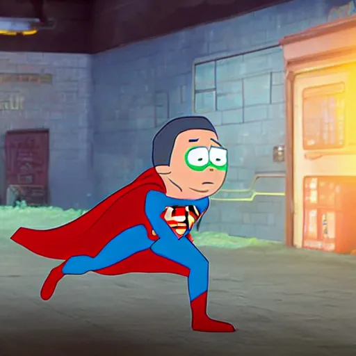 Image similar to movie still pickle rick as superman