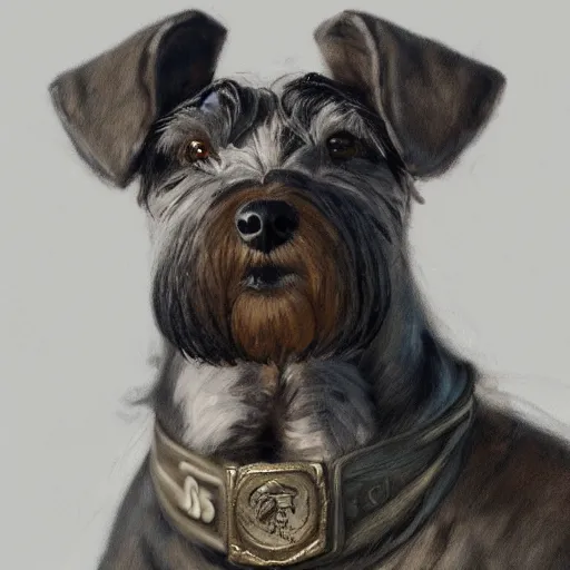 Image similar to portrait of stoic looking miniature schnauzer, military uniform, black fir, white eyebrows, fantasy, intricate, elegant, highly detailed, centered, dark, smokey, charcoal painting, digital painting, artstation, concept art, smooth, sharp focus, illustration, art by artgerm and greg rutkowski and alphonse mucha