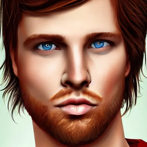 Image similar to professional digital art of a man with natural reddish - brown hair and green eyes, popular, high quality, highly detailed, hd, 4 k