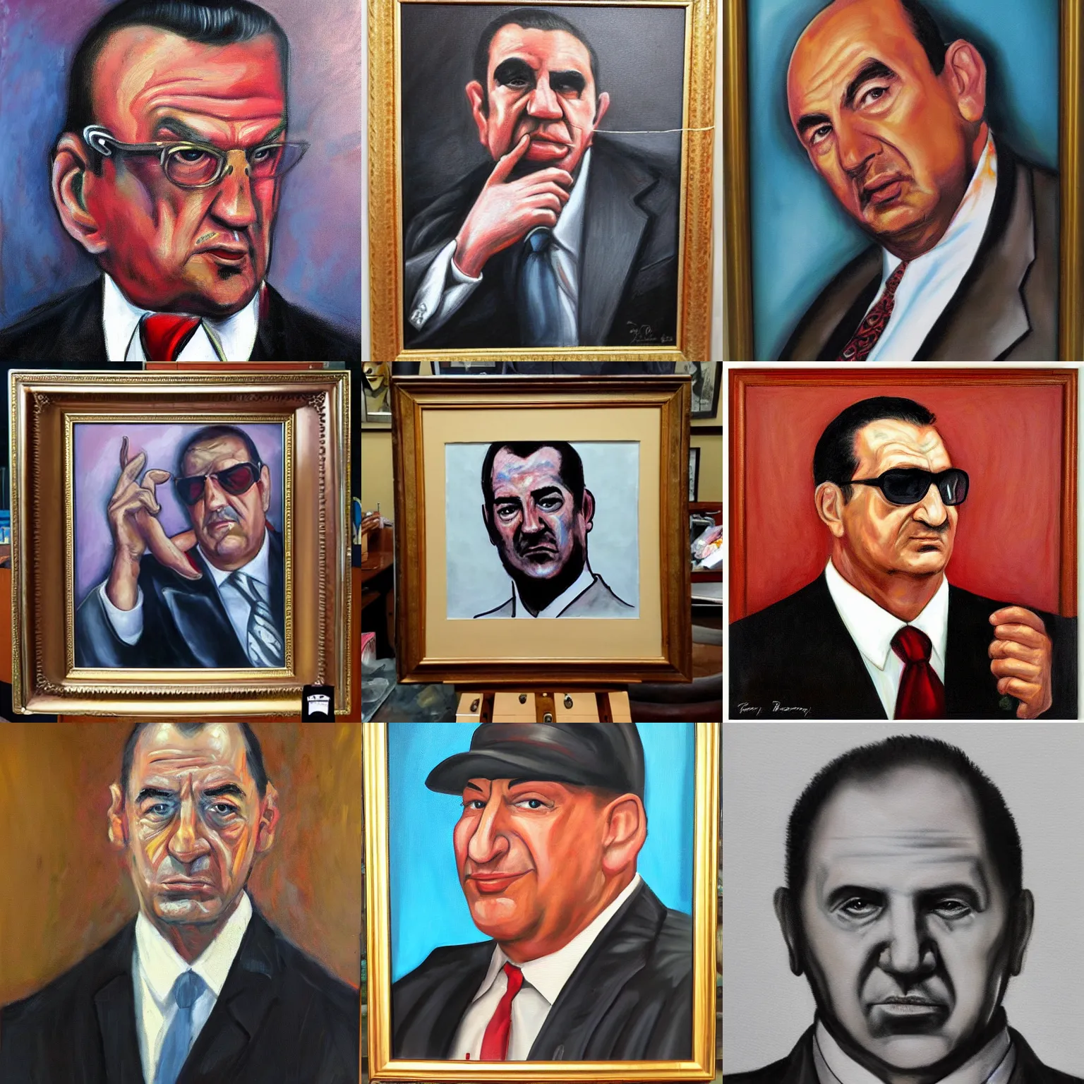 Prompt: Tony Baloney, the world’s largest mafia crime boss, portrait painting.