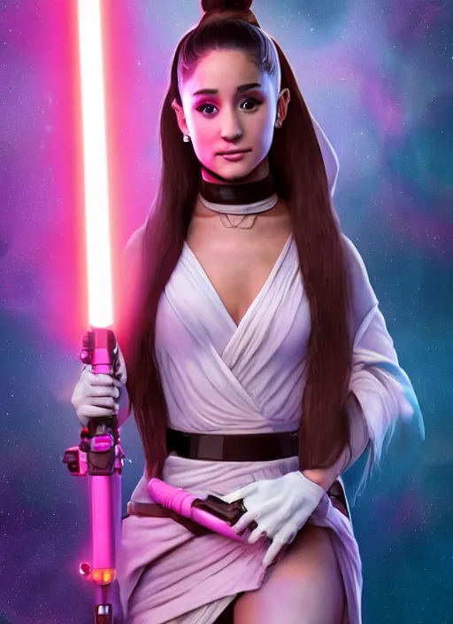 Image similar to An extremely detailed photo of Ariana Grande in the Star Wars universe with two pink lightsabers held in each hand. Maximum detail on artstation, photo realism, vivd details, vivd colour, volumetric lighting