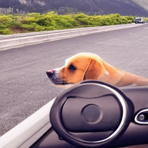 Prompt: A dog driving a car on the highway