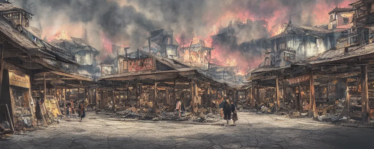 Image similar to “The eerie, forlorn atmosphere of a marketplace that is usually bustling with people but is now destroyed by wildfire in the style of studio ghibli, fantasy book illustration 8k movie poster, cinematic composition, ultra detailed, HDR shot”