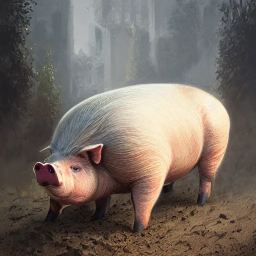 Prompt: Pig Putin in dirt, intricate, highly detailed, digital painting, artstation, concept art, smooth, sharp focus, illustration, evil, horrifying, art by artgerm and greg rutkowski and alphonse mucha