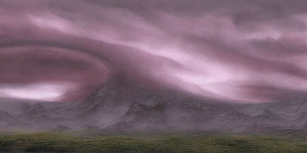 Image similar to Artwork by John Howe of the cinematic view of Xu, a dark planet of dark timberlands, windy scrublands, and mystic valleys, beneath heavy pink clouds.