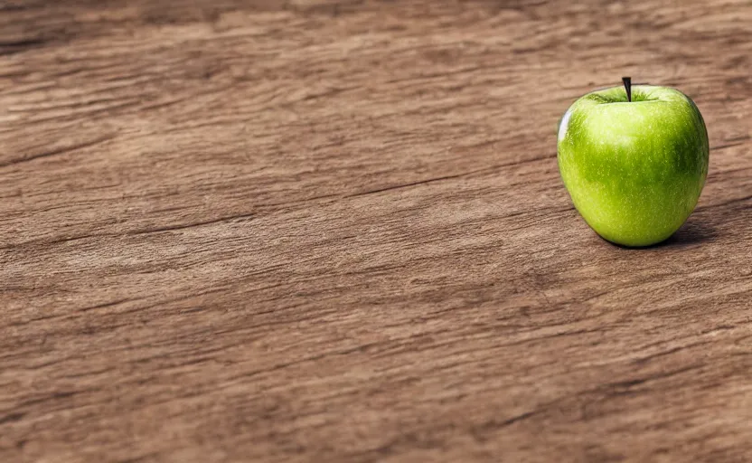 Prompt: a macro photo of a green apple on a wooden table at sunrise, hyperrealistic, some trees in the background, dof, octane render, unreal engine 5, trending on artstation, high quality, highly detailed, 8 k, soft lighting, path traced, beautiful, harmonious, complementary colors, serene scene, bloom, godrays, concept art