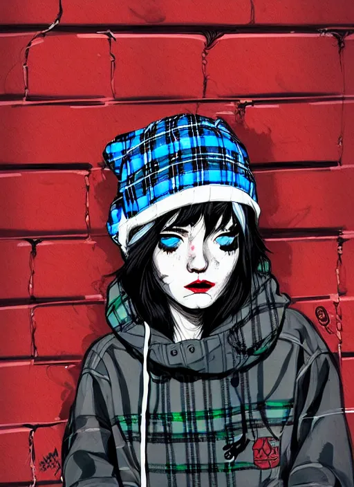 Image similar to highly detailed portrait of an new york sewer punk lady student, blue eyes, tartan hoody, hat, white hair by atey ghailan, by greg tocchini, by kaethe butcher, by james gilleard, gradient red, black, brown, cream and white color scheme, grunge aesthetic!!! ( ( graffiti tag wall ) )