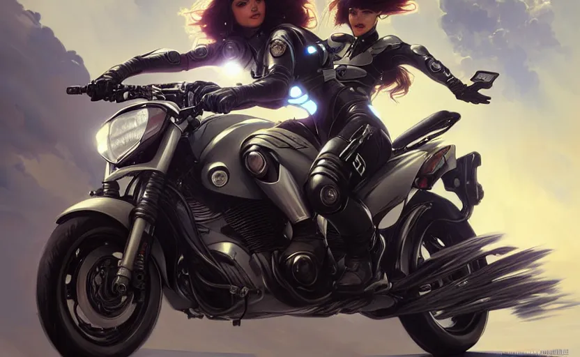 Image similar to Police female riding yamaha motorcycle, sci-fi, highly detailed, digital painting, artstation, concept art, smooth, sharp focus, illustration, art by artgerm and greg rutkowski and alphonse mucha
