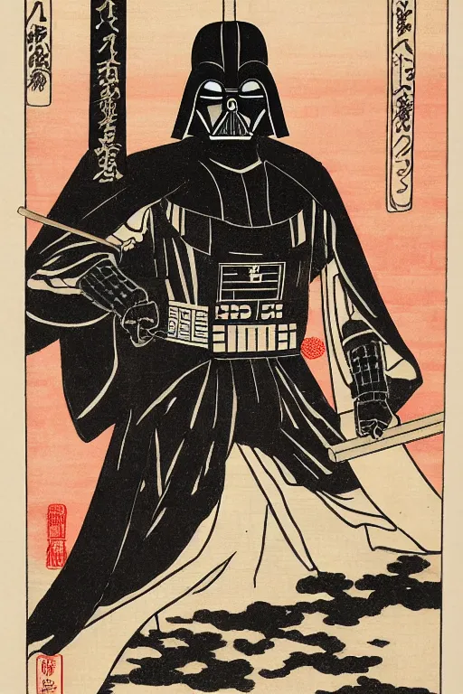 Image similar to Japanese woodblock print of Darth Vader holding a samurai sword , cherry blossom, Hokusai