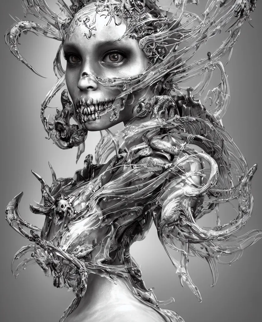 Image similar to close-up macro portrait of the face of a beautiful princess with animal skull mask, epic angle and pose, symmetrical artwork, 3d with depth of field, blurred background, cybernetic jellyfish female face skull phoenix bird, translucent, nautilus, energy flows of water and fire. a highly detailed epic cinematic concept art CG render. made in Maya, Blender and Photoshop, octane render, excellent composition, cinematic dystopian brutalist atmosphere, dynamic dramatic cinematic lighting, aesthetic, very inspirational, arthouse. y Greg Rutkowski, Ilya Kuvshinov, WLOP, Stanley Artgerm Lau, Ruan Jia and Fenghua Zhong