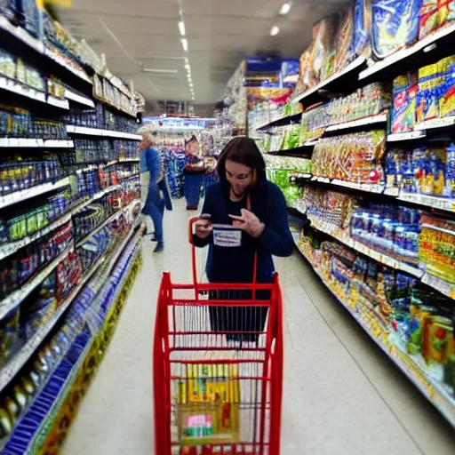 Image similar to mid shot of an alien buying groceries at the store shot by amanda carlson and alex strelkovv, professional photo, masterpiece, very detailed, hyper - realistic, cinematic, 4 k